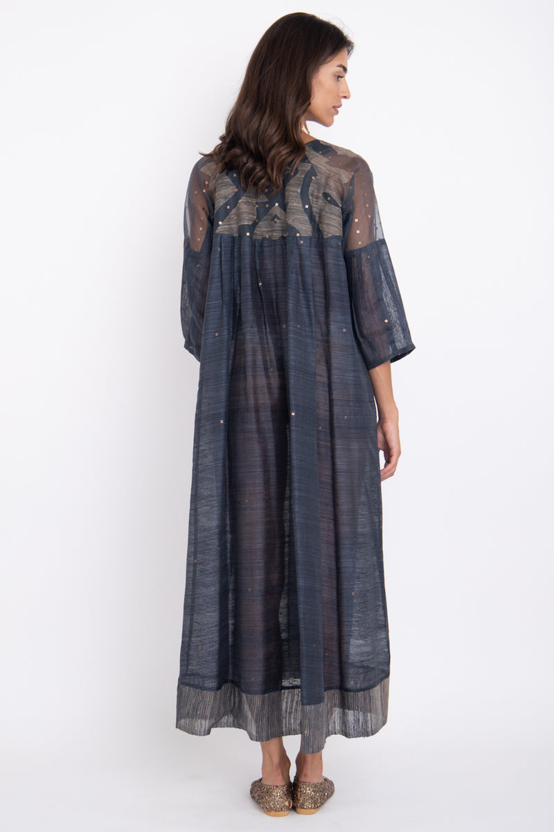 Rania Handwoven Silk Charcoal & Silver Dress