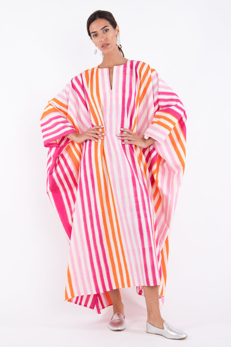 Malak Cotton Ikat Pink & Orange Kaftan