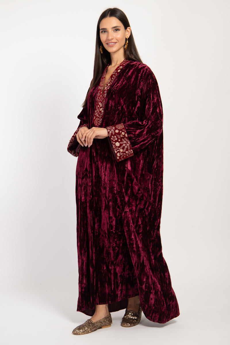 Husna Silk Velvet Crushed Burgundy Dress