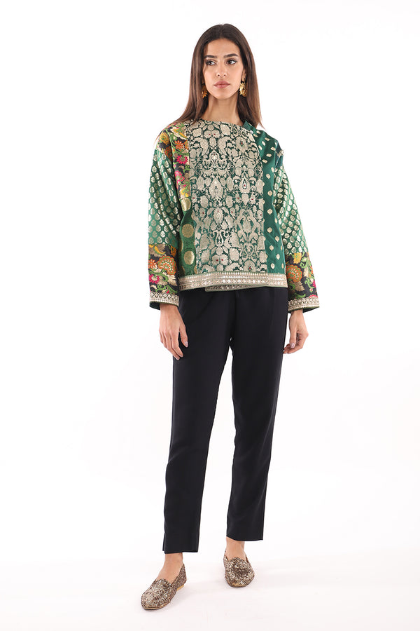 Hanadi Silk Brocade Green Patchwork Jacket