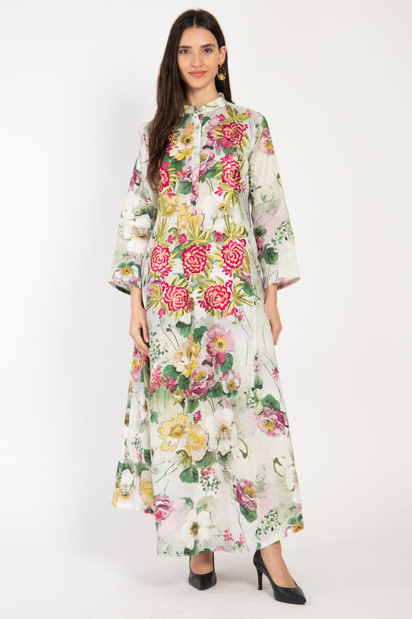 Nusayba Linen Floral Embroidered Dress