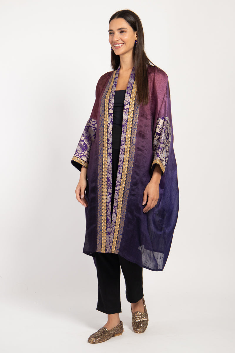 Yasma Raw Silk Purple Ombré Abaya