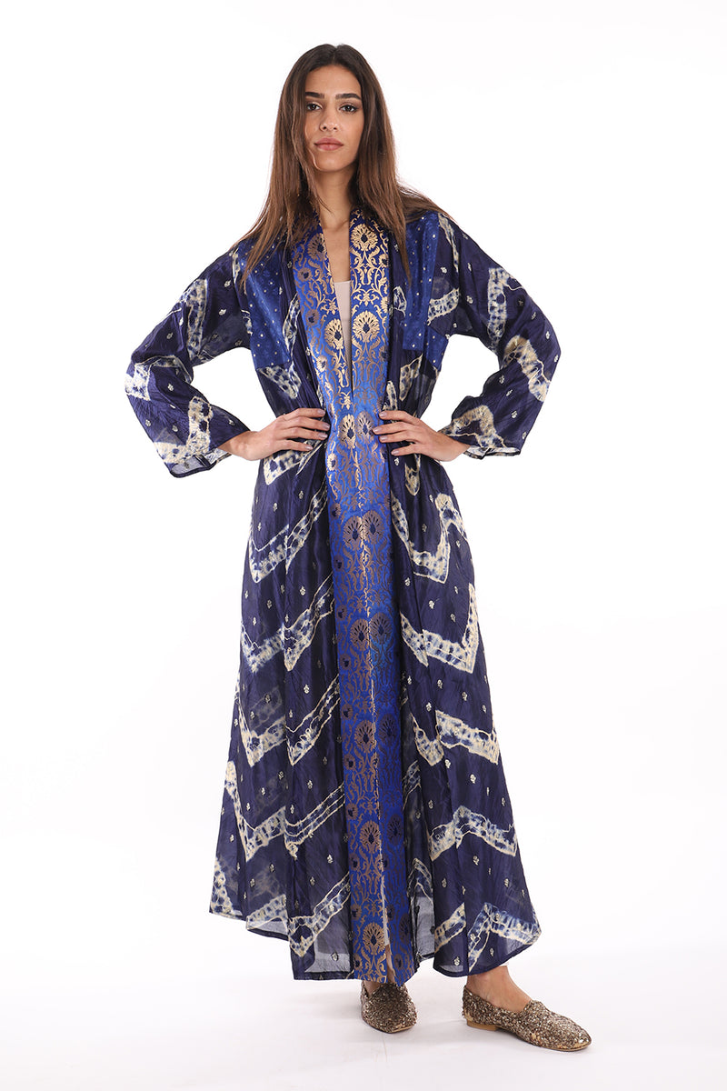 Rim Silk Brocade Navy With Blue Abaya