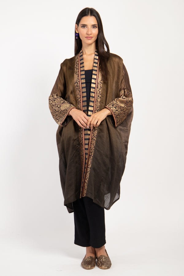 Yasma Raw Silk Brown Ombré Abaya