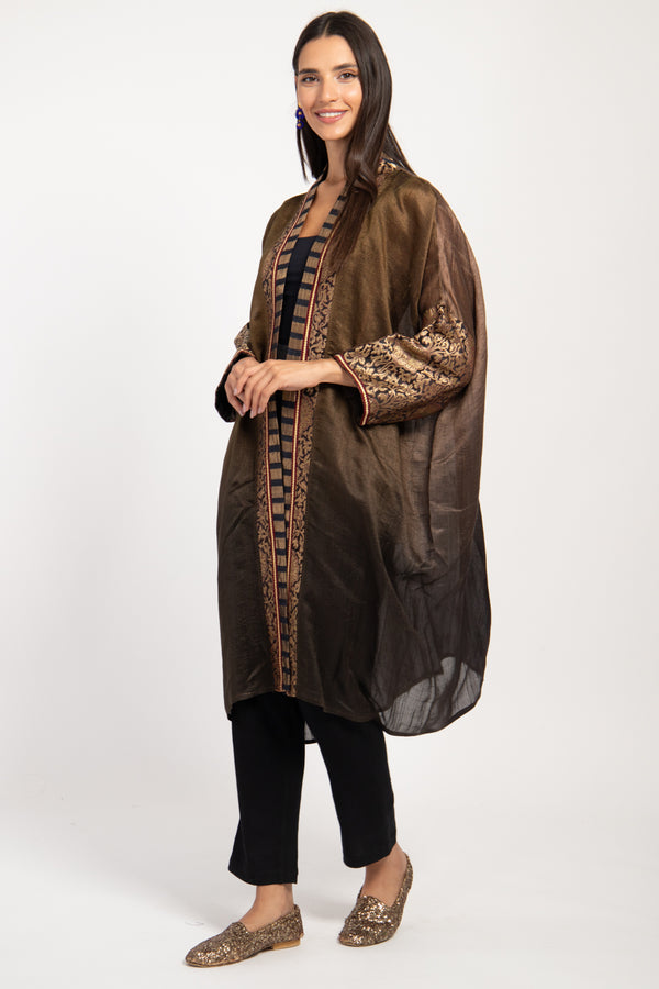 Yasma Raw Silk Brown Ombré Abaya