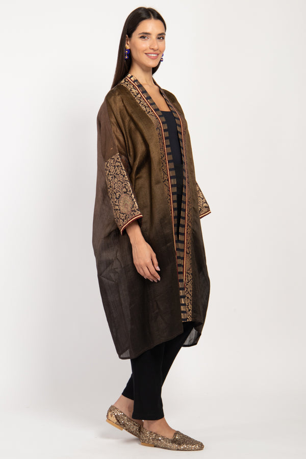 Yasma Raw Silk Brown Ombré Abaya