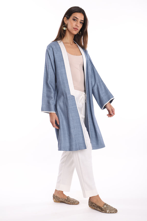 Silk Embroidered Blue With White Abaya Vest