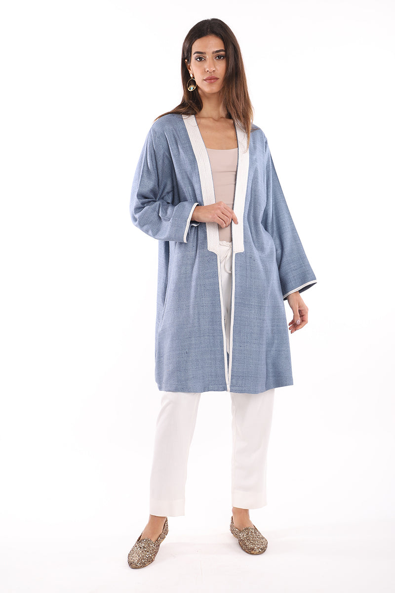 Short Silk Blue & White Abaya
