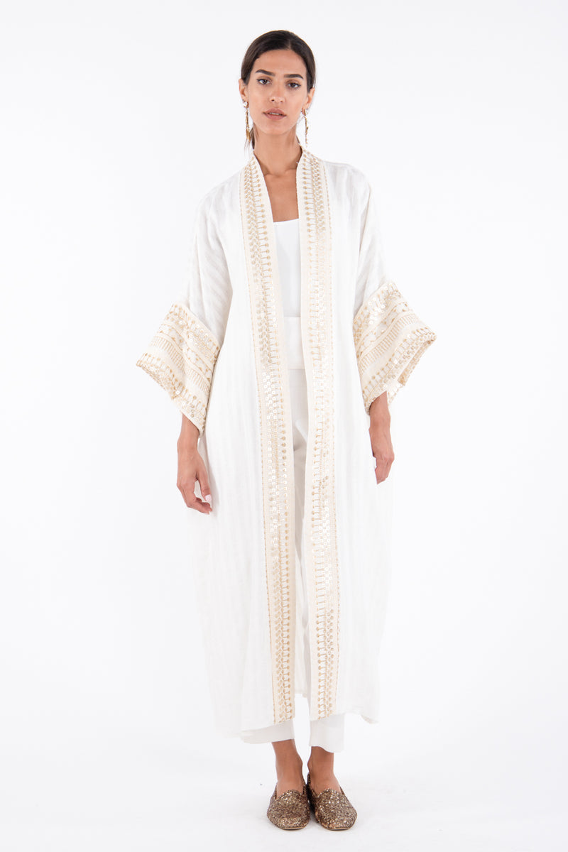 Maliha Linen White & Gold Abaya