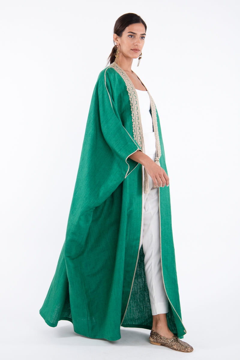 Classic Silk Embroidered Green and Beige Abaya