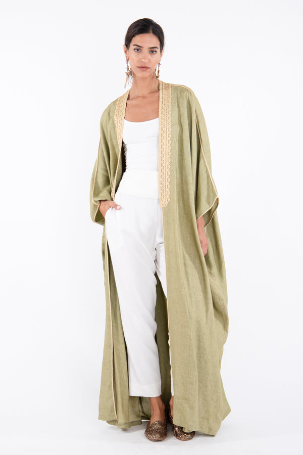 CLassic Linen Embroidered Green With Gold Abaya