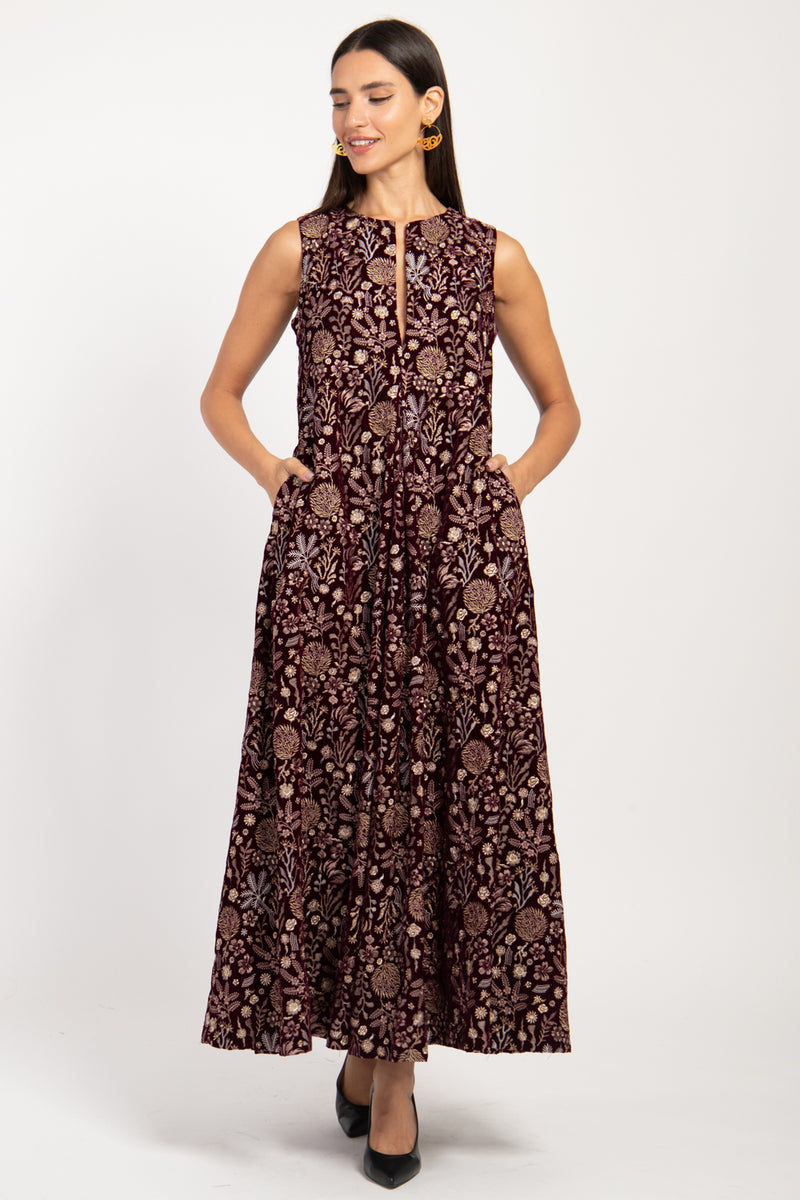 Rakia Velvet Embroidered Burgundy Dress