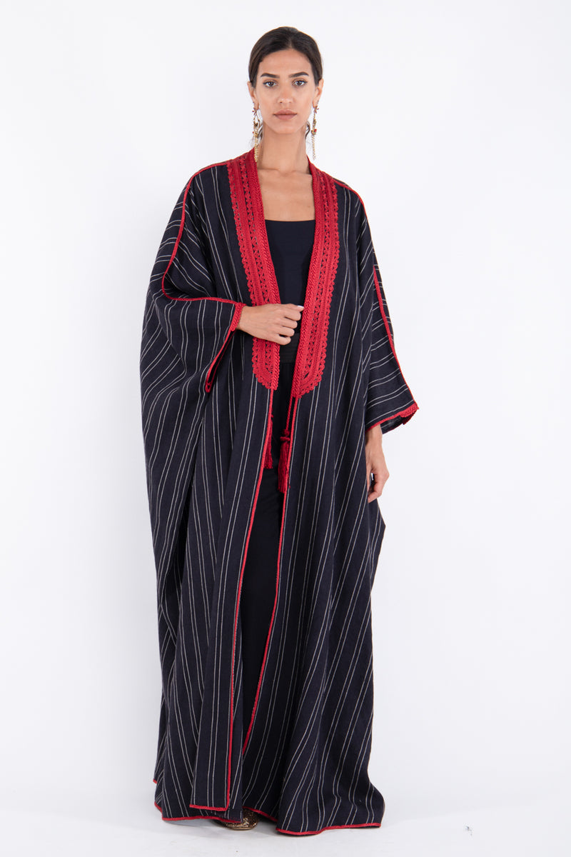 Classic Linen Embroidered Black and Red Abaya