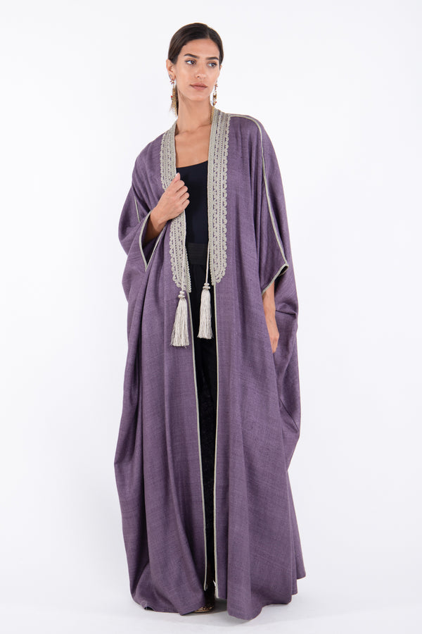 Classic Silk Embroidered Purple and Grey Abaya