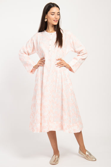 Nusayba Linen Embroidered White With Pink Dress
