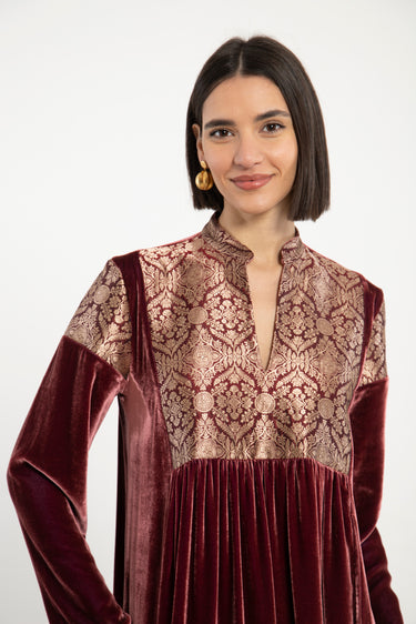 Mayad Silk Velvet & Brocade Burgundy Dress