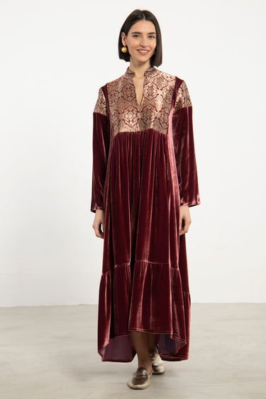 Mayad Silk Velvet & Brocade Burgundy Dress