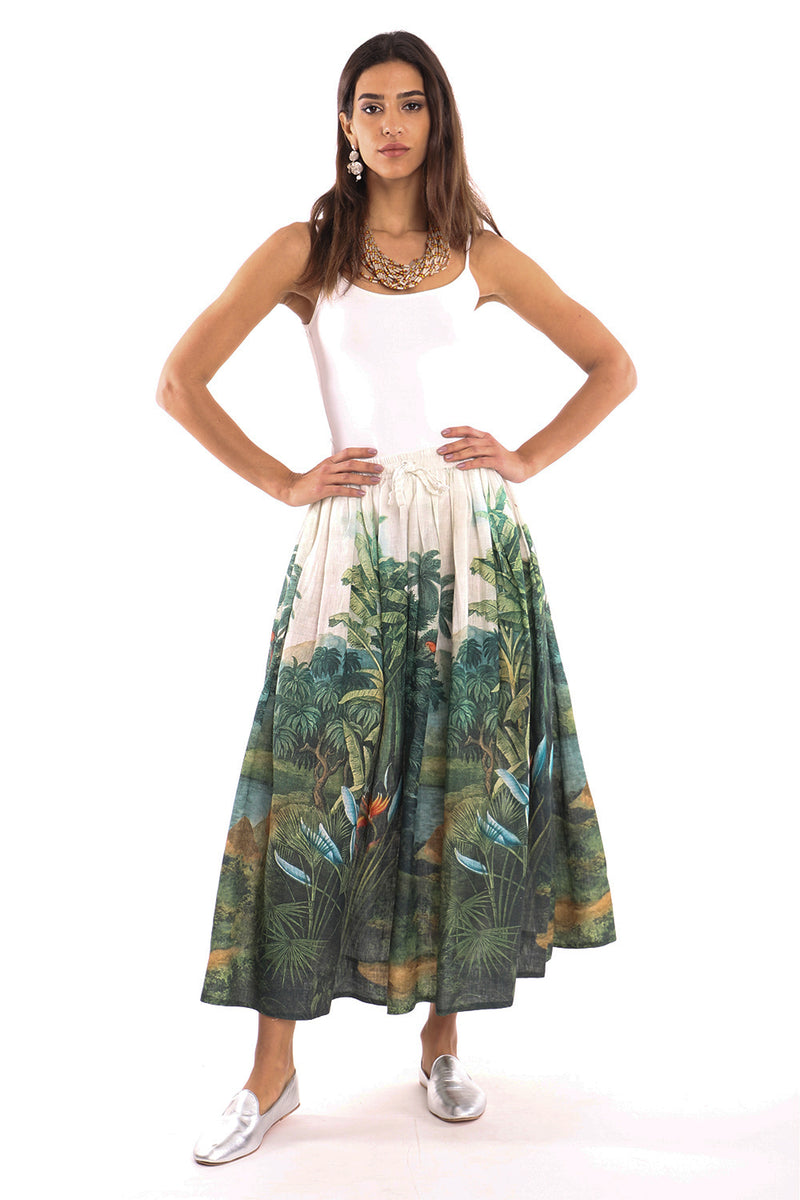 Safar Linen Green Jungle Print Skirt
