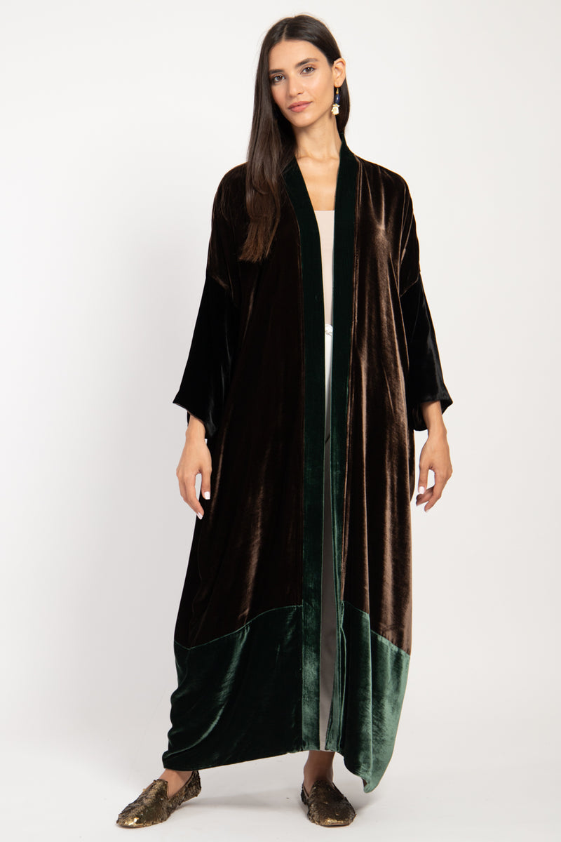 Sherif SilkVelvet Brown & Green Abaya