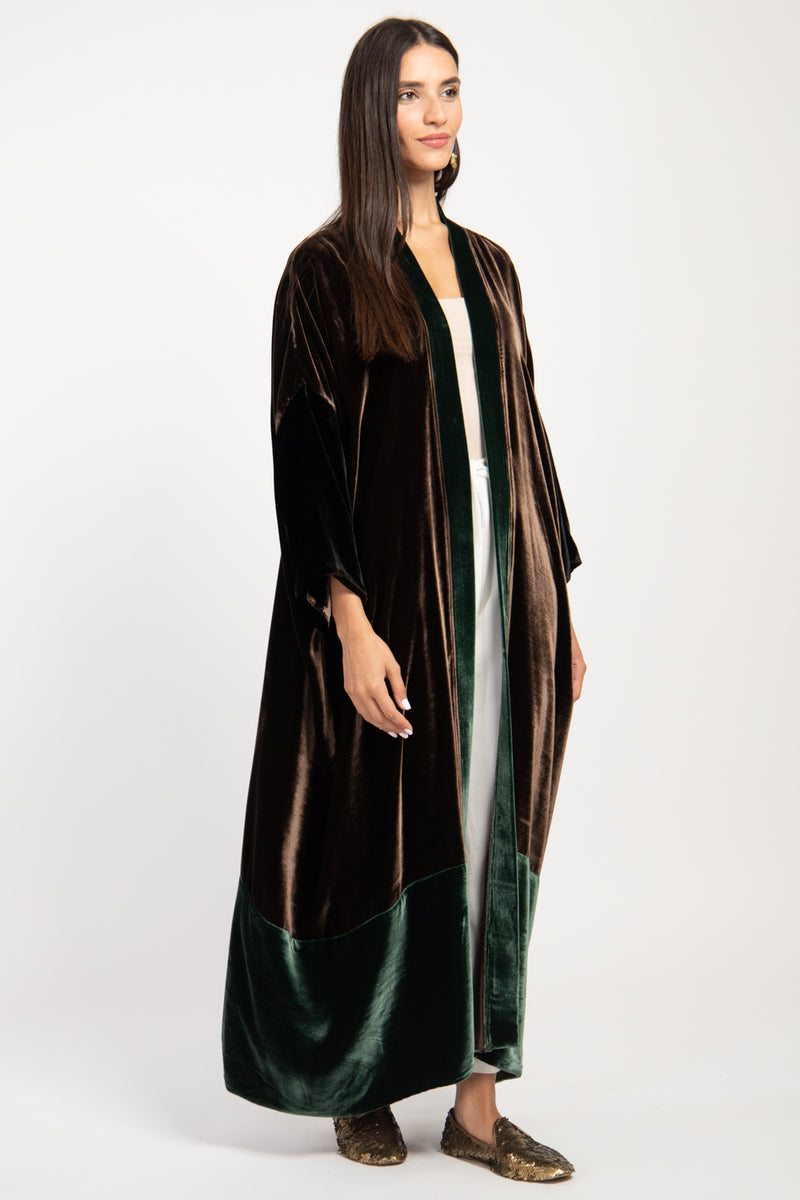 Sherif SilkVelvet Brown & Green Abaya