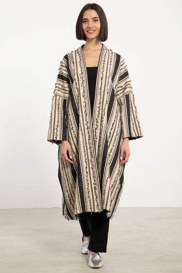 Tilal Cotton Black & Ecru Fringes Abaya