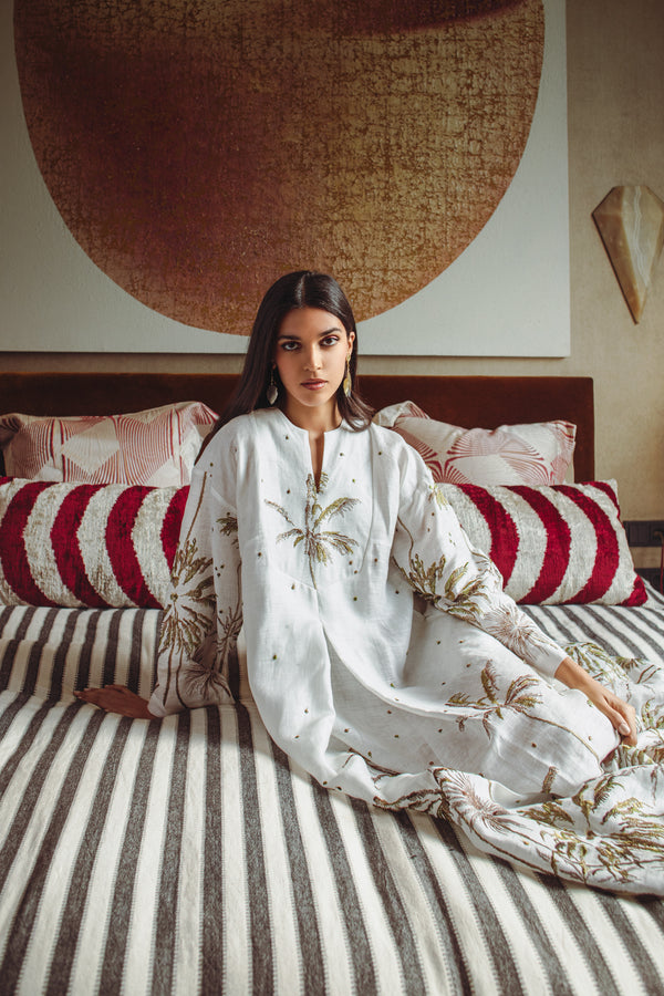 Shirine Linen Embroidered White Palms Kaftan