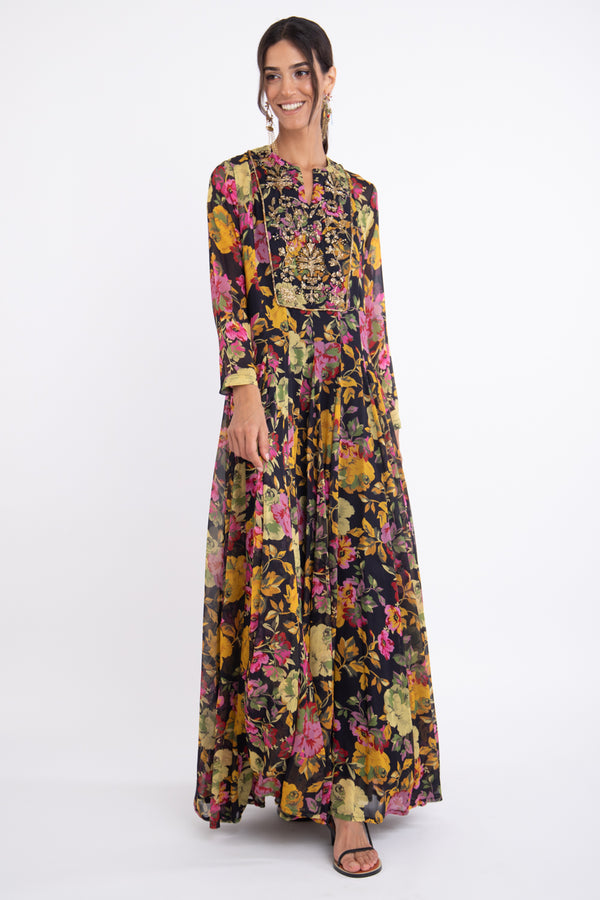 Zeina Silk Embroidered Floral Gown