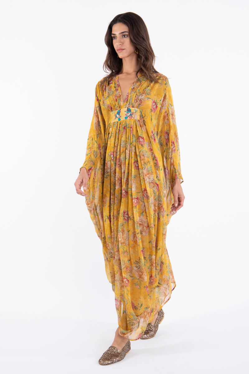 Farah Silk Yellow Floral Dress