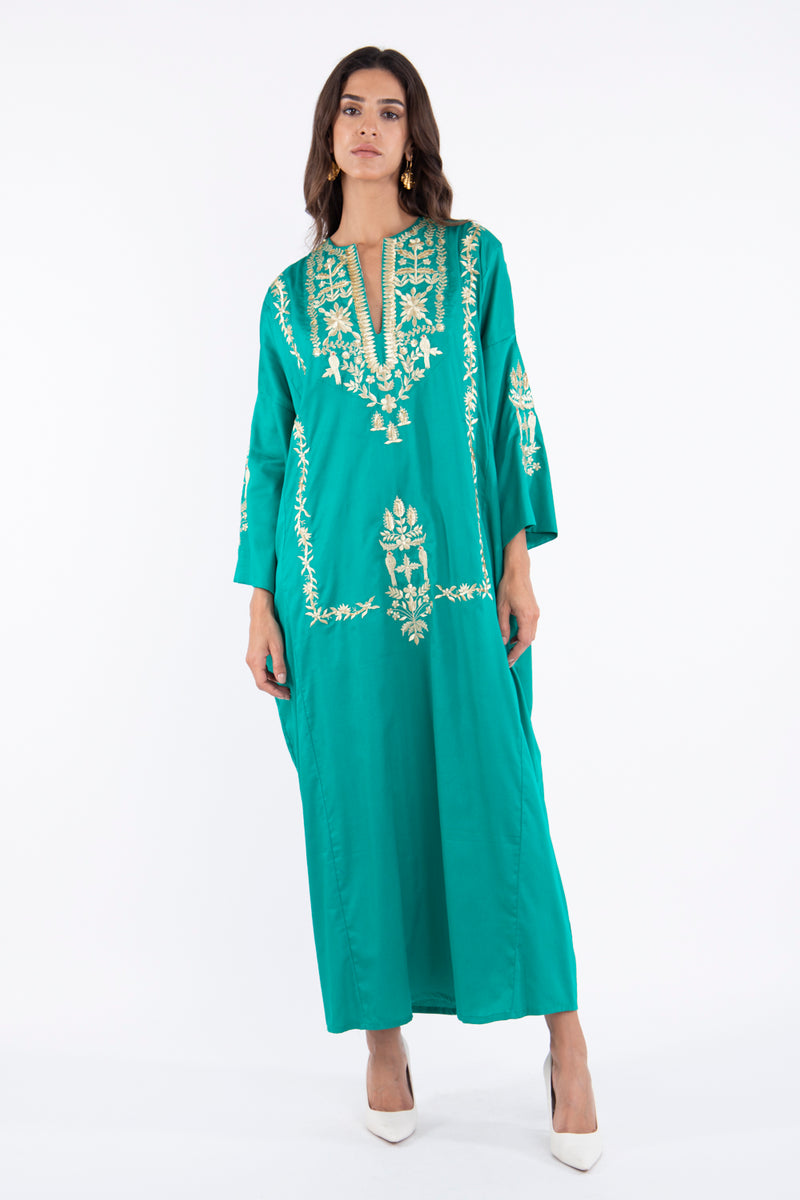 Nayyara Cotton Embroidered Green & Gold Dress