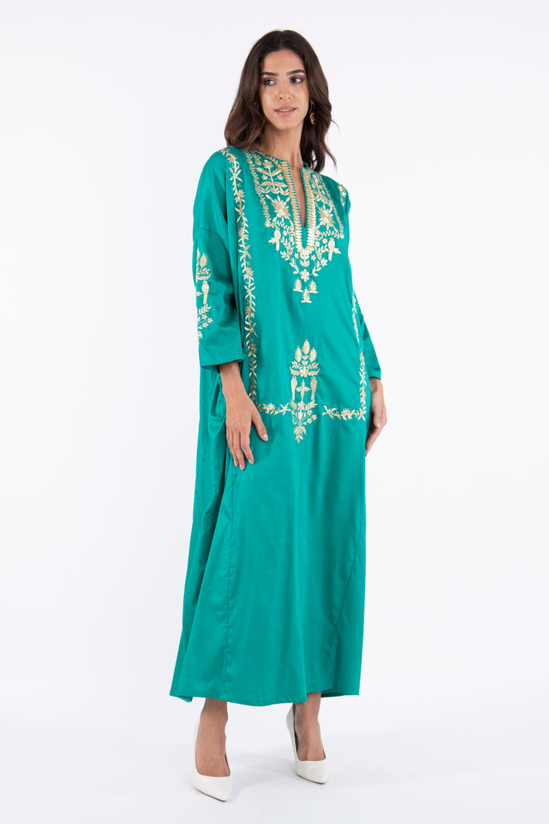 Nayyara Cotton Embroidered Green & Gold Dress