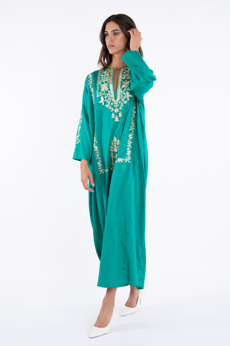 Nayyara Cotton Embroidered Green & Gold Dress