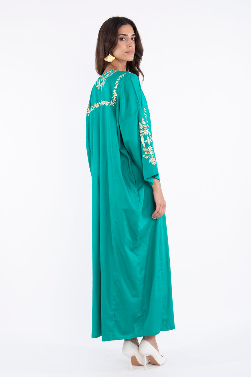 Nayyara Cotton Embroidered Green & Gold Dress