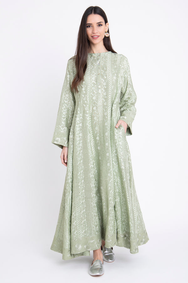Nusayba Linen Green Panels Embroidered Dress