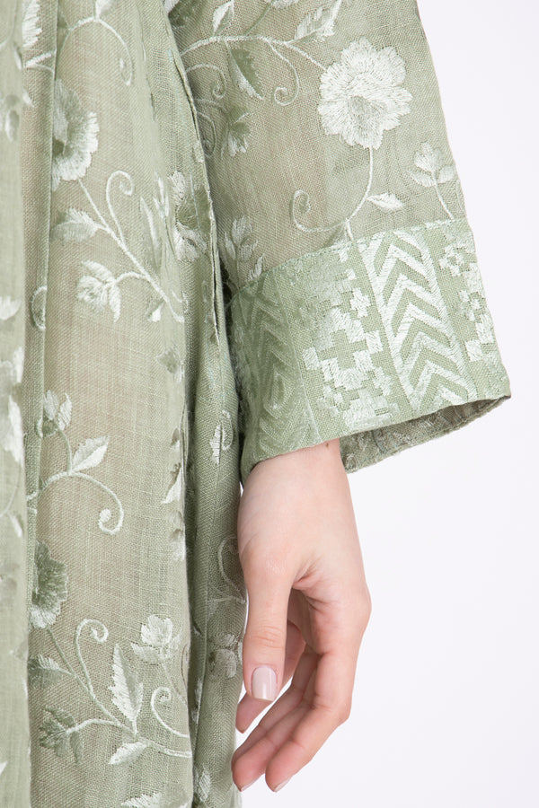 Nusayba Linen Green Floral Embroidered Dress