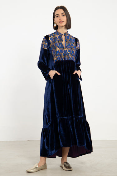 Mayada Silk Velvet & Brocade Blue Dress