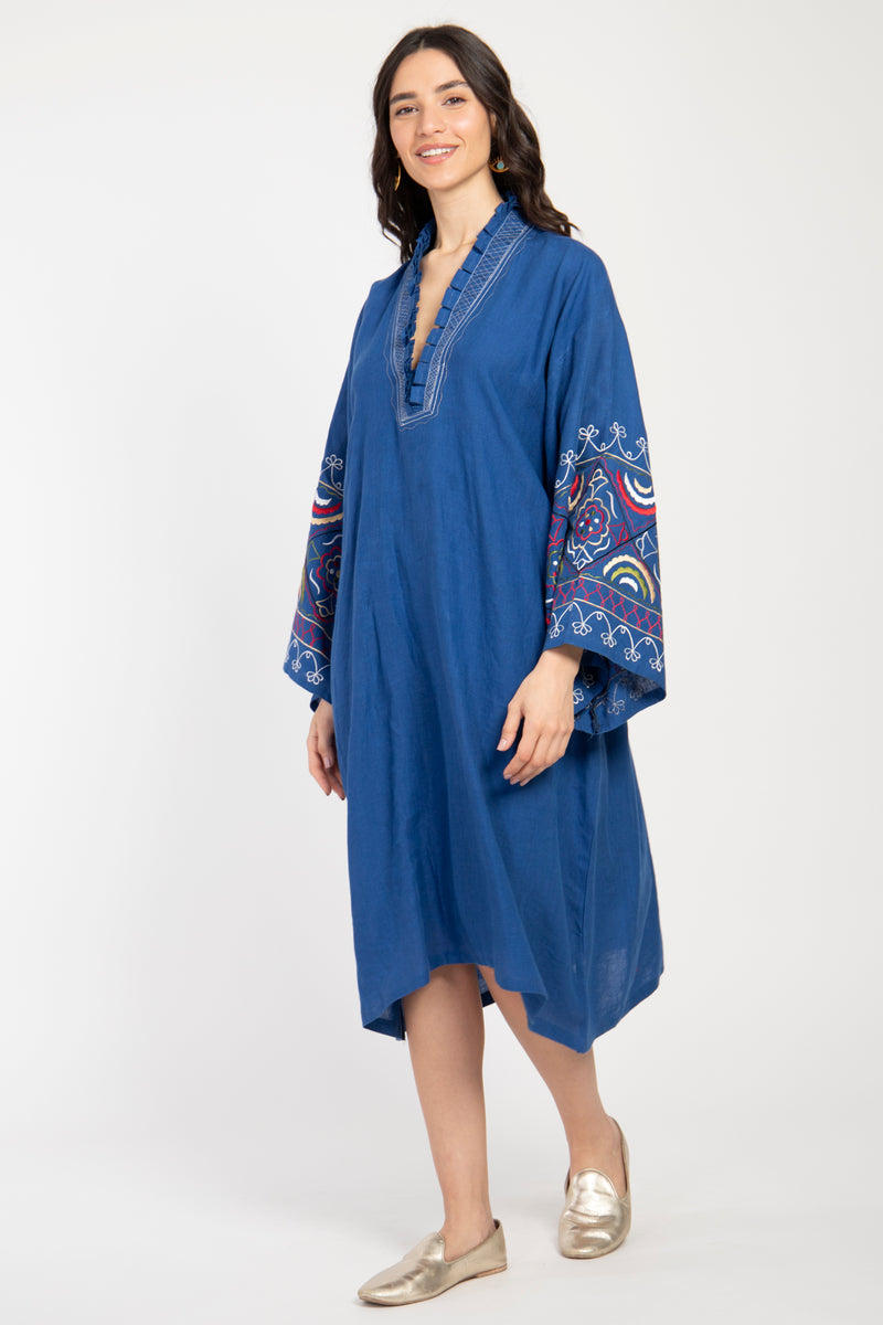 Mayss Al Rim Linen Royal Blue Embroidered Kaftan