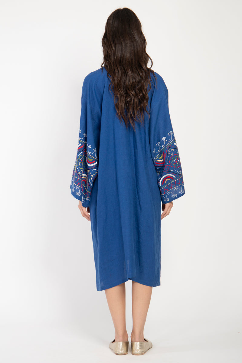 Mayss Al Rim Linen Royal Blue Embroidered Kaftan