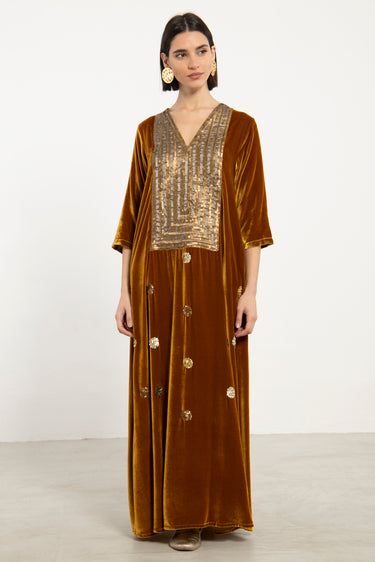 Elham Velvet Ocre & Gold Dress