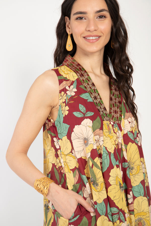 Jamila Cotton Yellow Floral Dress - Sleeveless