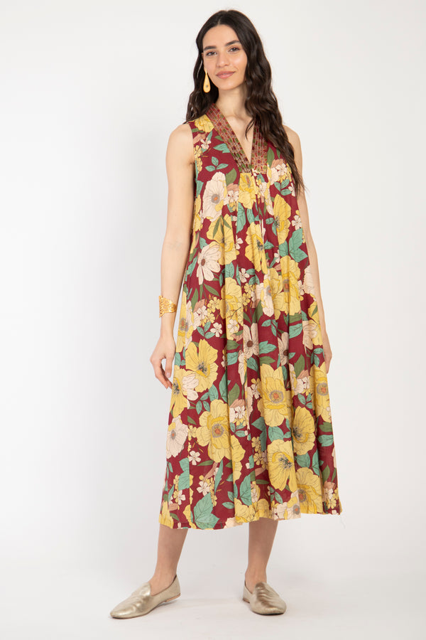 Jamila Cotton Yellow Floral Dress - Sleeveless