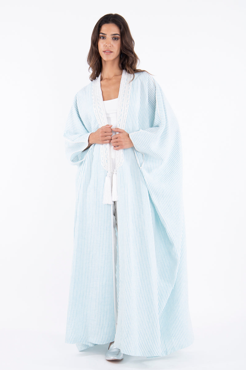 Classic Linen Striped Light Blue Abaya