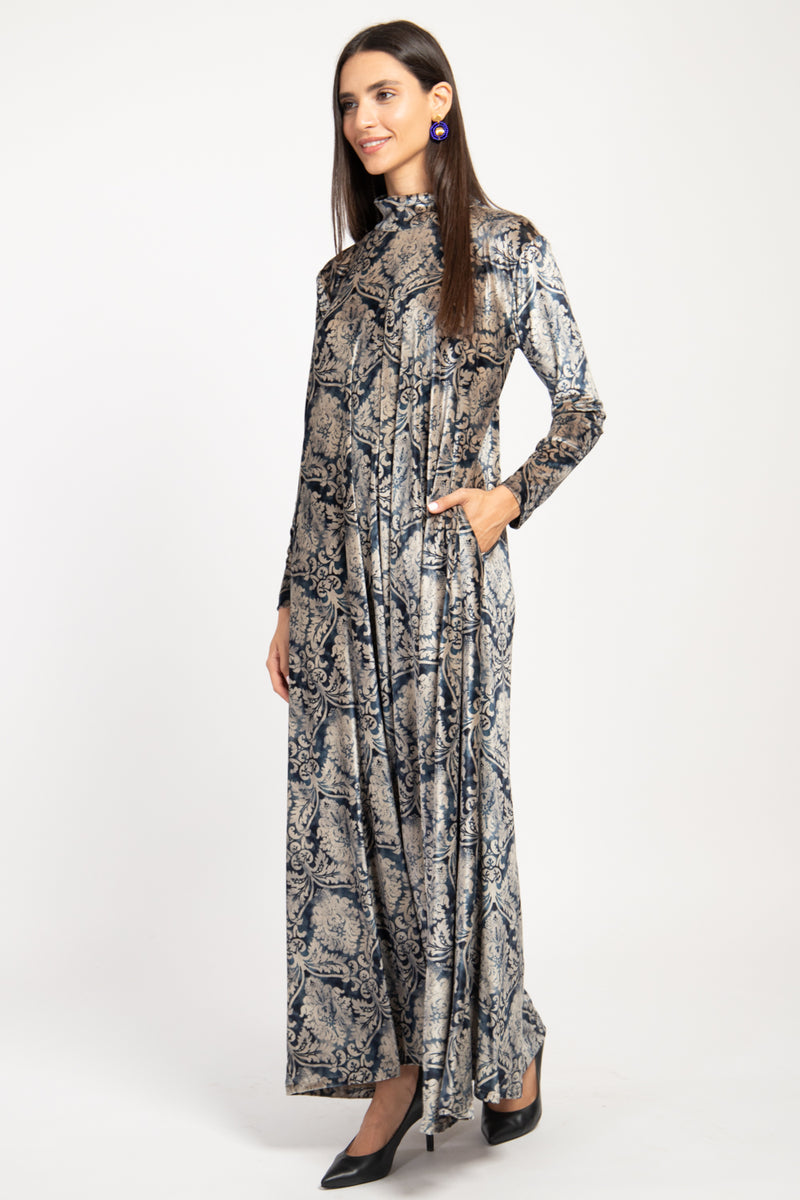 Gigi Silk Velvet Ikat Blue Ottoman Dress