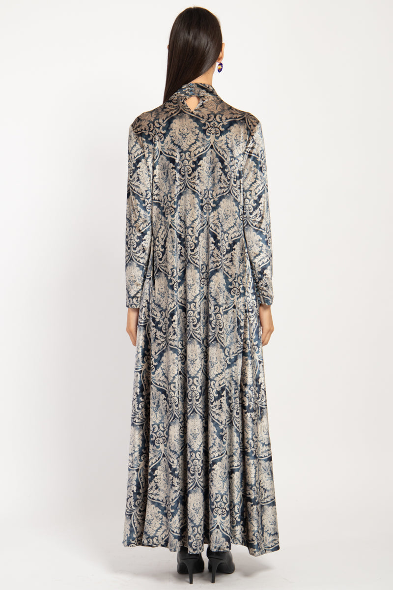 Gigi Silk Velvet Ikat Blue Ottoman Dress