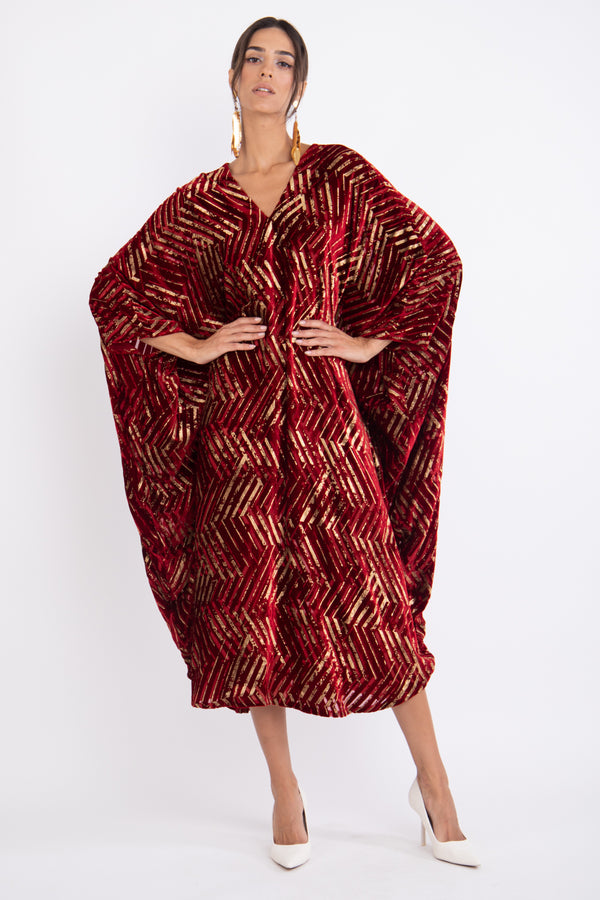 Cartage Silk Velvet Gold & Red Dévoré Kaftan