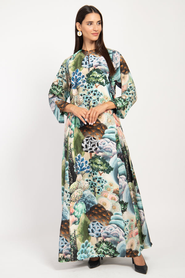 Fajer Silk Embroidered Green Jungle Printed Dress