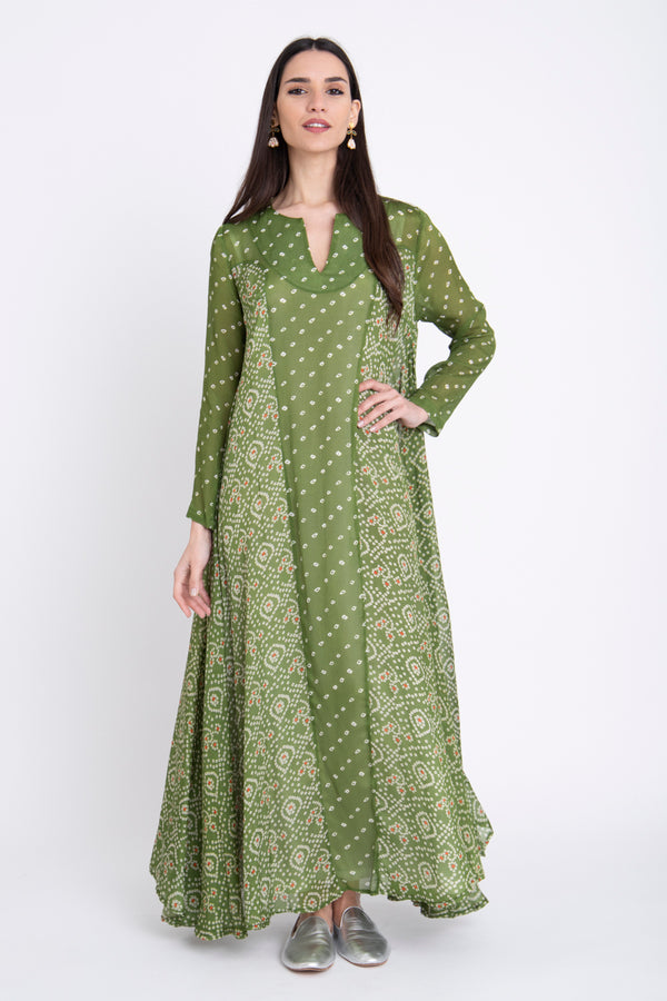Layali Chiffon Printed Green Dots Dress