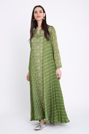 Layali Chiffon Printed Green Dots Dress