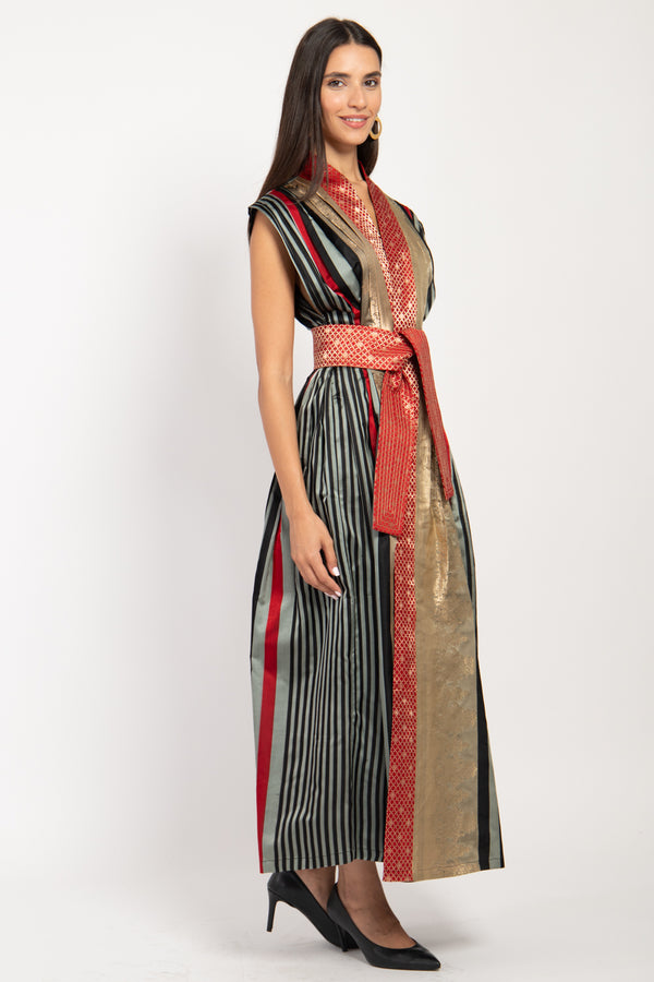 Hala Silk Gold & Red Striped Dress