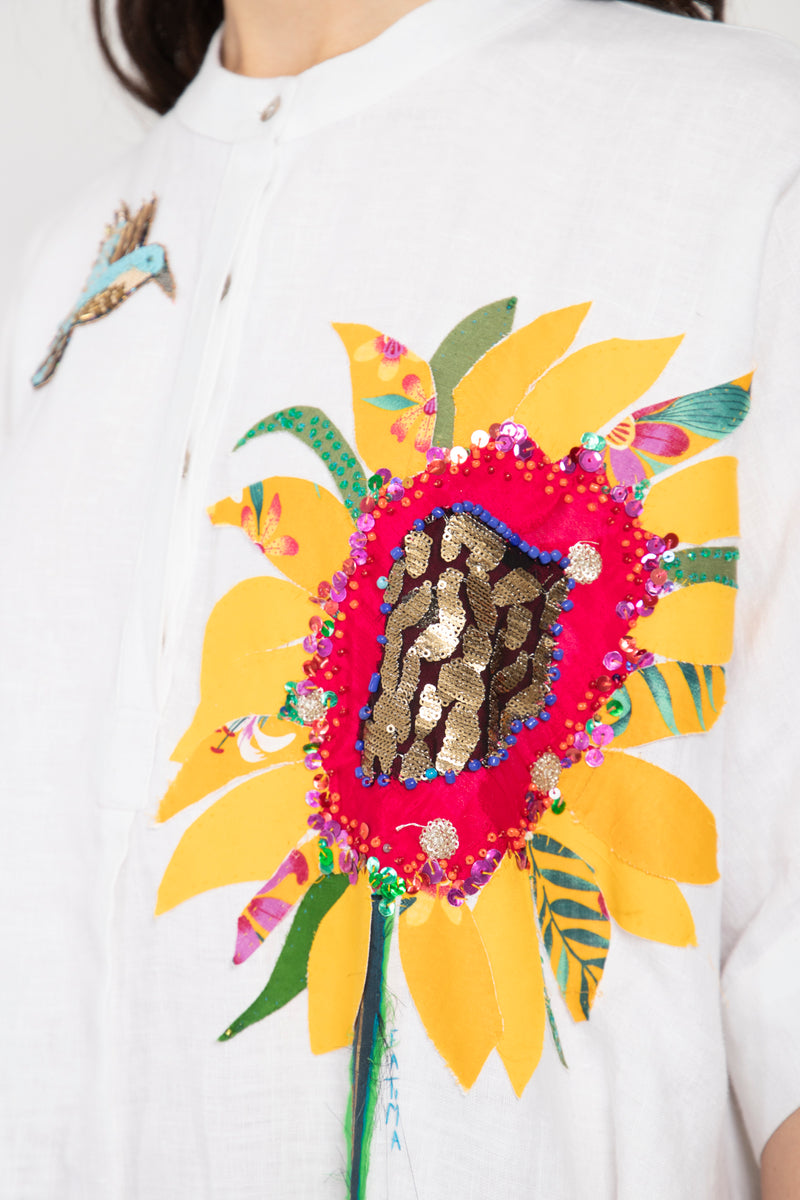 One-Of-A-Kind Helen Linen Sunflower & Bird Dress