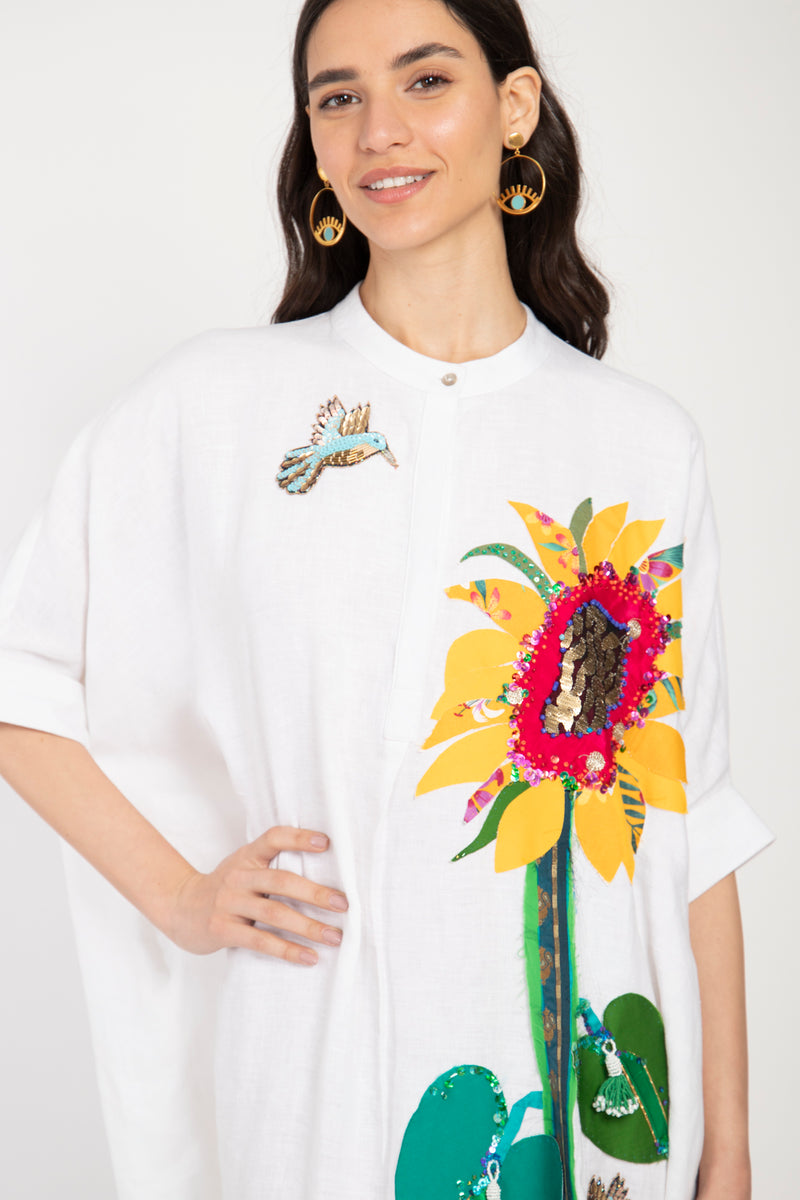 One-Of-A-Kind Helen Linen Sunflower & Bird Dress